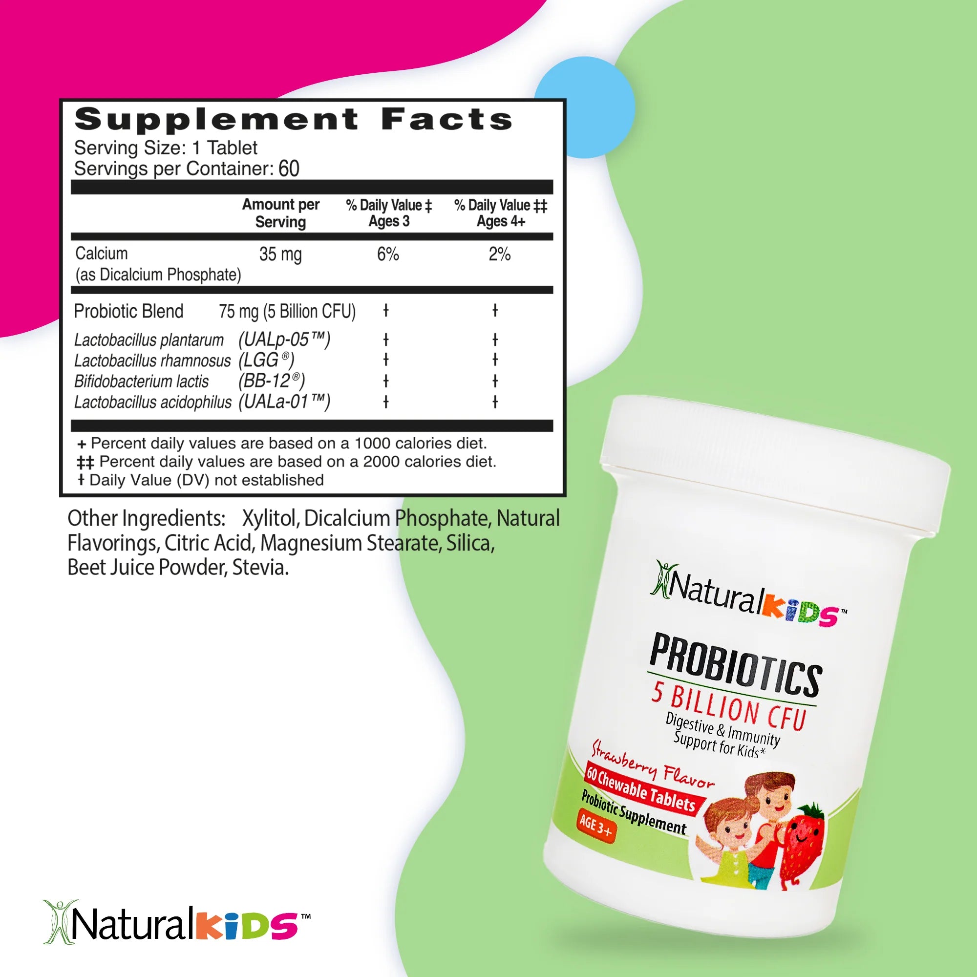 NaturalKids® PROBIOTICS™ Kauwtabletten 5 Miljard CFU's per portie | Kauwtabletten Probiotica 60 Kauwtabletten | Aardbeiensmaak