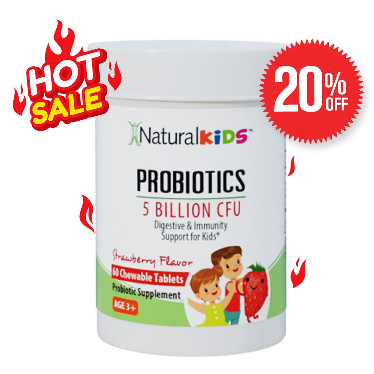 NaturalKids® PROBIOTICS™ Kauwtabletten 5 Miljard CFU's per portie | Kauwtabletten Probiotica 60 Kauwtabletten | Aardbeiensmaak